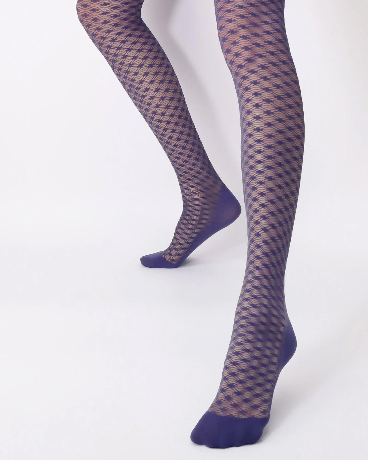 Oroblù Eco Craft Sneaker Tights - Indigo blue semi sheer fashion tights made of eco friendly recycled polyamide with a woven enclosed crochet style diamond net pattern, built in shoe liner sock