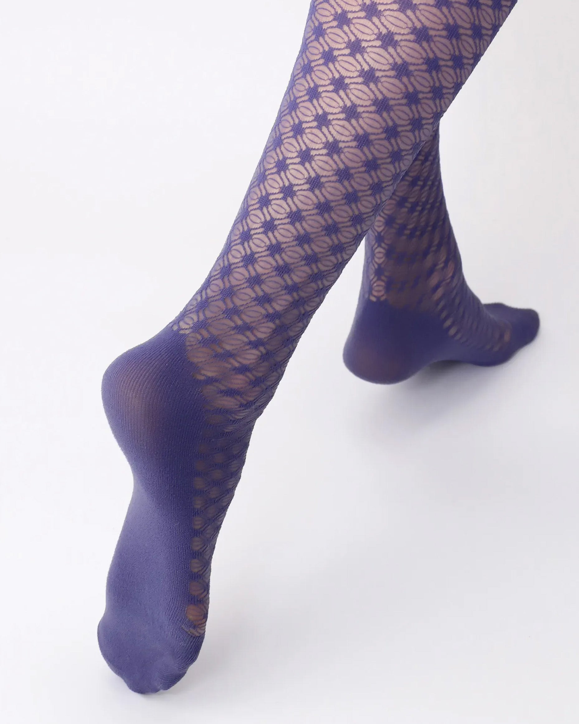 Oroblù Eco Craft Sneaker Tights - Indigo blue semi sheer fashion tights made of eco friendly recycled polyamide with a woven enclosed crochet style diamond net pattern, built in sneaker sock.