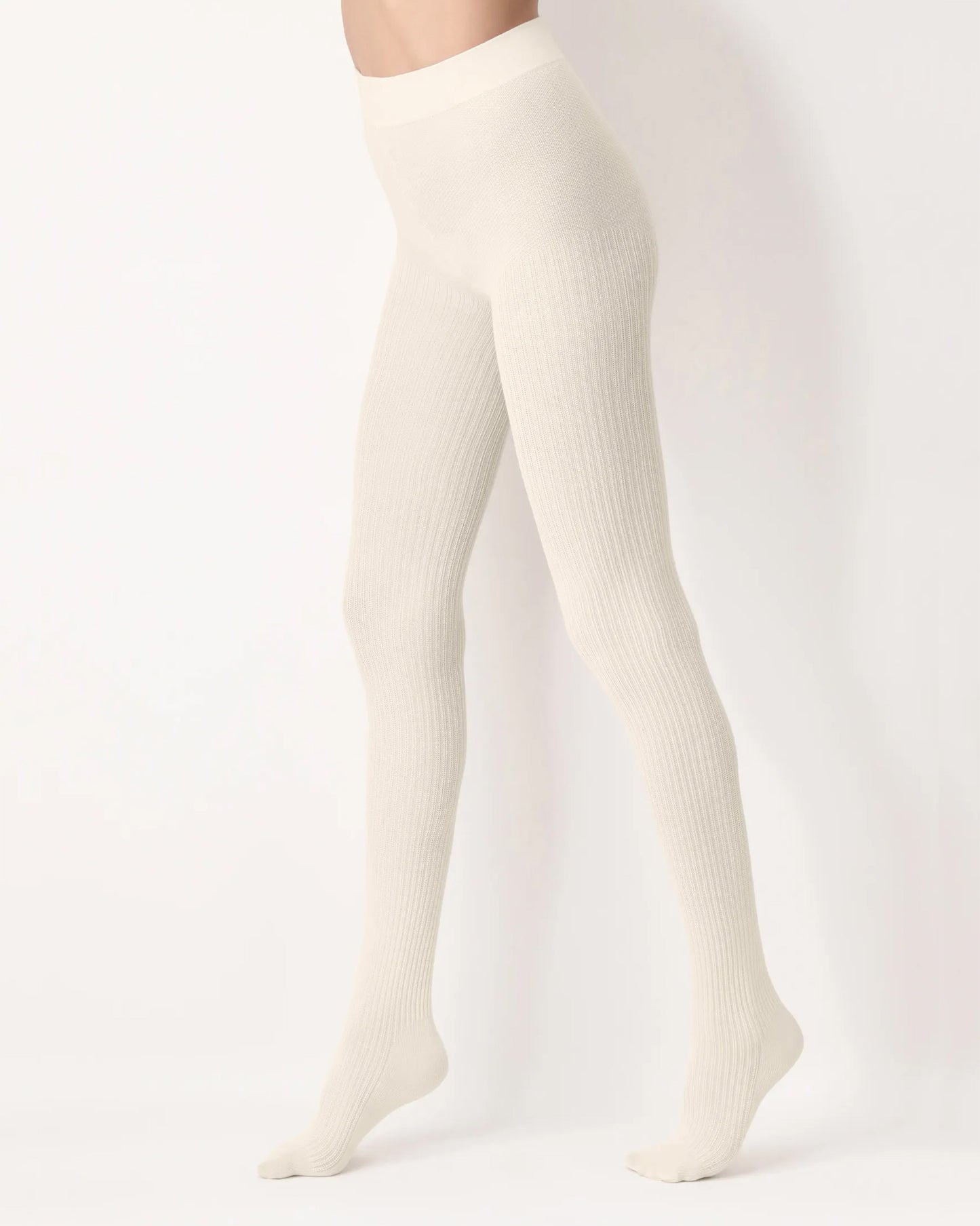 Oroblu Eco Natural Rib Collant - Ivory cream ribbed knitted tights made of soft recycled polyester and viscose with built in shoe liner socks.