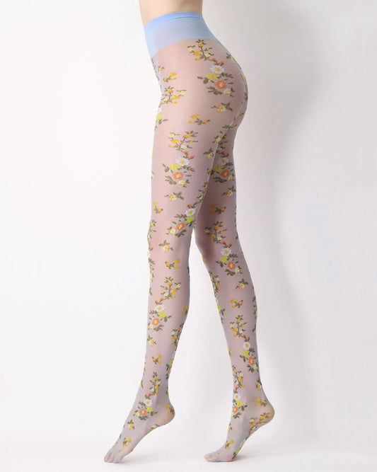 Oroblù Embroidery Collant - Sheer light sky blue fashion tights with a multicoloured woven floral pattern of orange, yellow, white and green, extra deep comfort waist band and gusset.