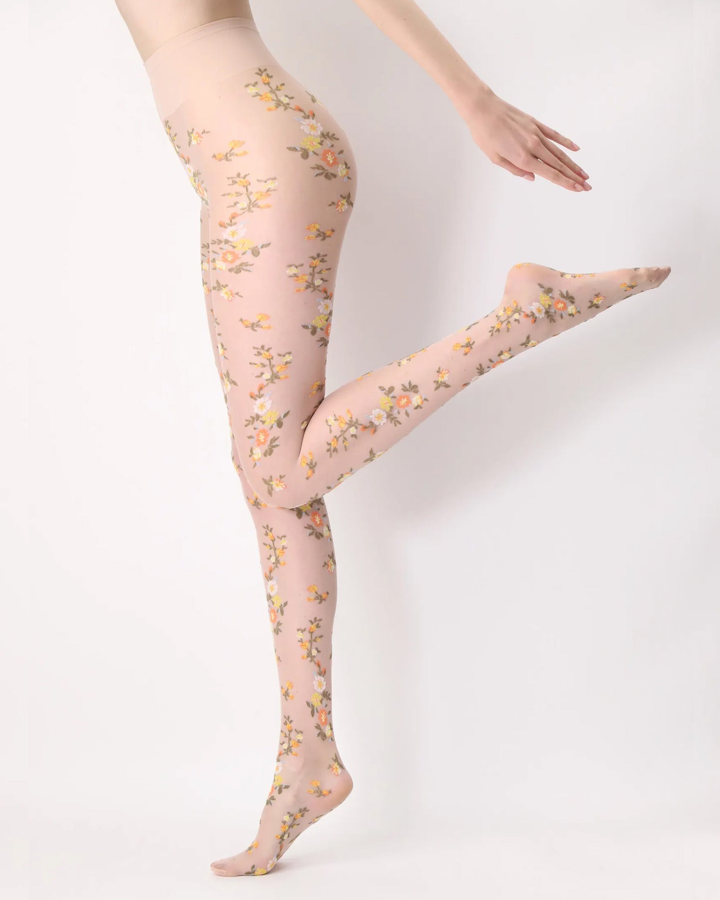 Oroblù Embroidery Collant - Sheer light nude fashion tights with a multicoloured woven floral pattern of orange, yellow, white and green, extra deep comfort waist band and gusset.
