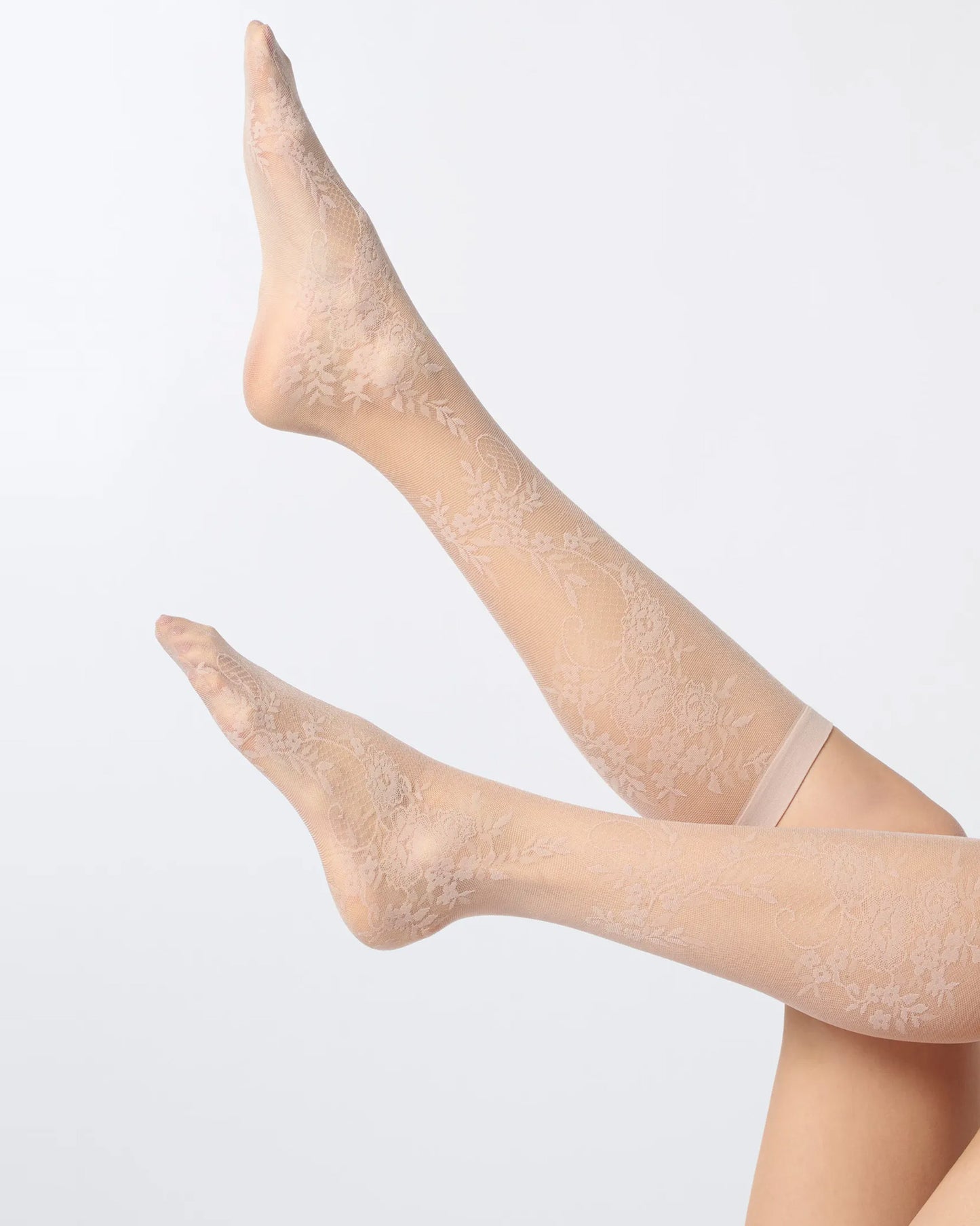 Oroblù Lace Like Gambaletto - Sheer nude blue fashion knee-high socks with a floral lace style pattern and plain cuff.