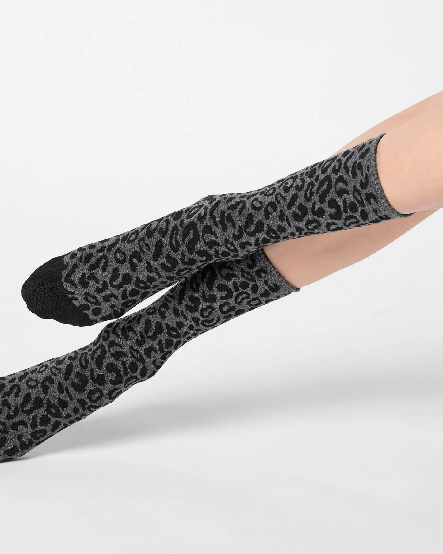 grey ankle socks with a black leopard print pattern
