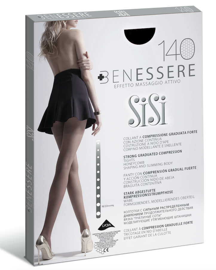 SiSi Benessere 70 Pack - 70 denier medium graduated compression tights with a sheer honeycomb style finish, shaping and slimming boxer top, reinforced anatomic toe and heel.