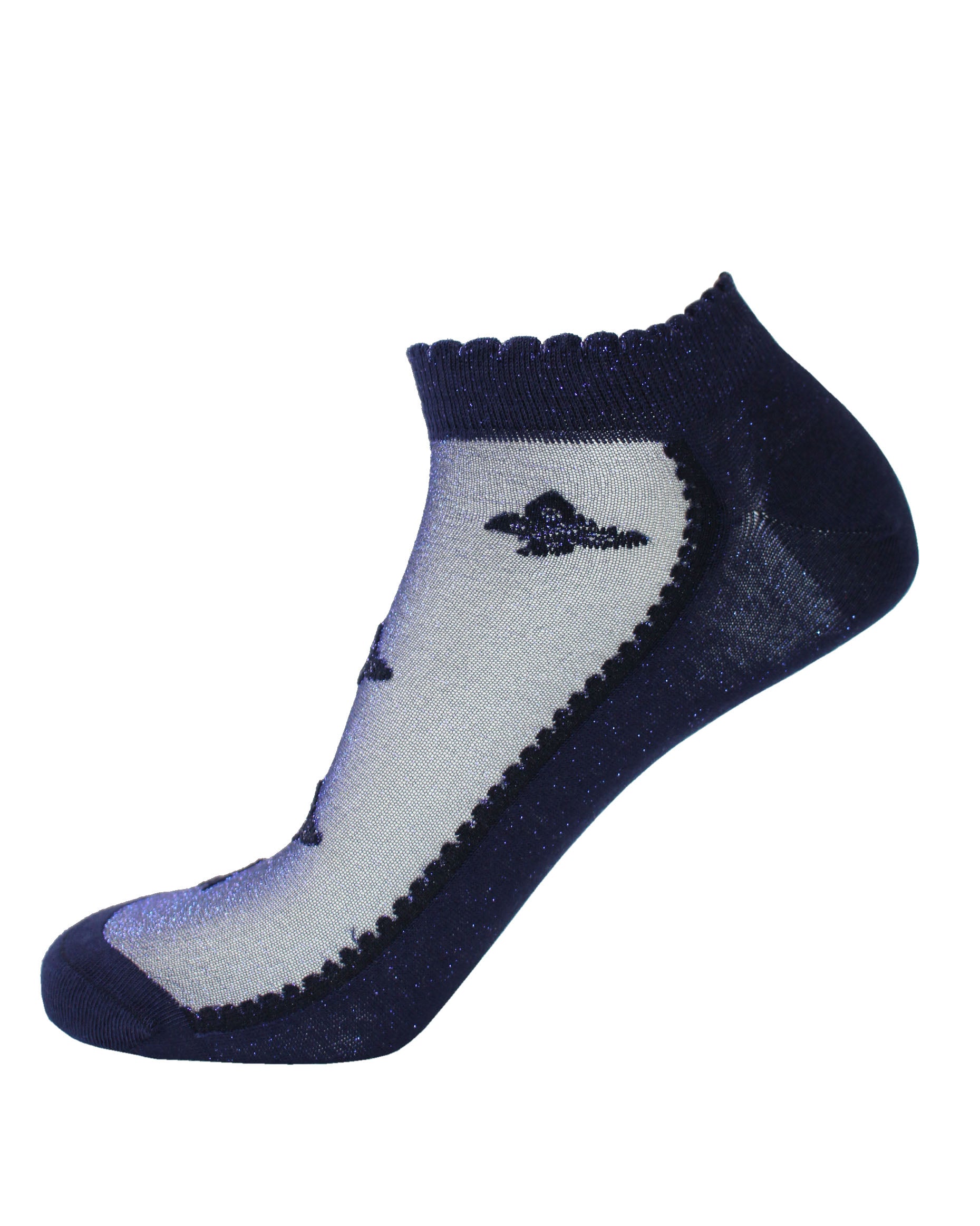 SiSi Butterfly Calzino - Soft low ankle navy sparkly cotton socks with a sheer front, butterfly motif pattern, shaped heal, flat toe seam and scalloped edge cuff.