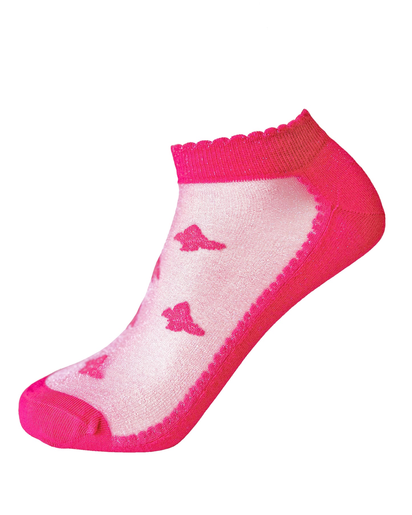 SiSi Butterfly Calzino - Soft low ankle bright pink sparkly cotton socks with a sheer front, butterfly motif pattern, shaped heal, flat toe seam and scalloped edge cuff.