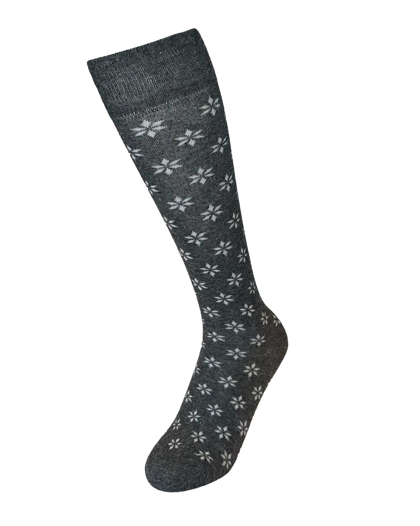 Dark grey sock with white snowflake pattern and silver lamé on a white background