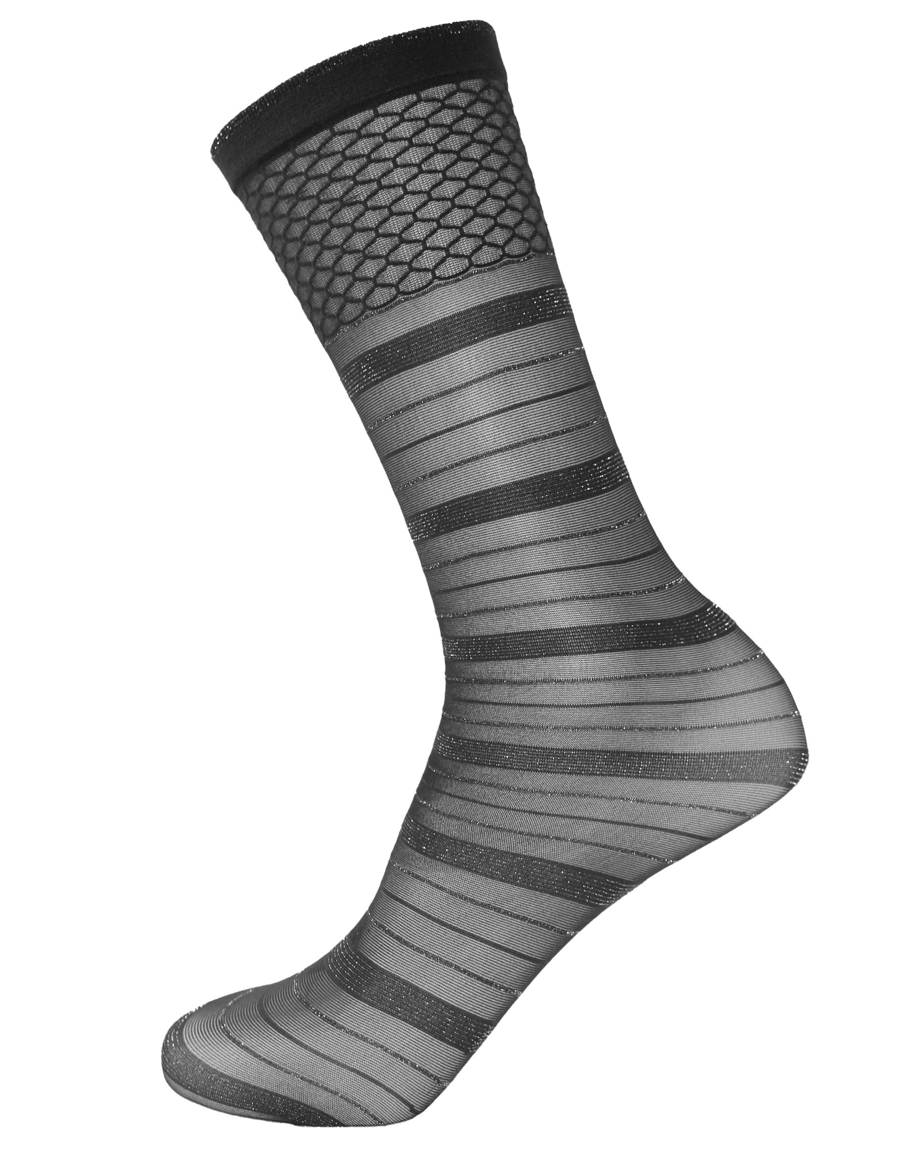 SiSi Lines Calzino - Sheer black fashion ankle socks with a horizontal striped pattern with sparkly silver lamé and deep honeycomb patterned cuff.