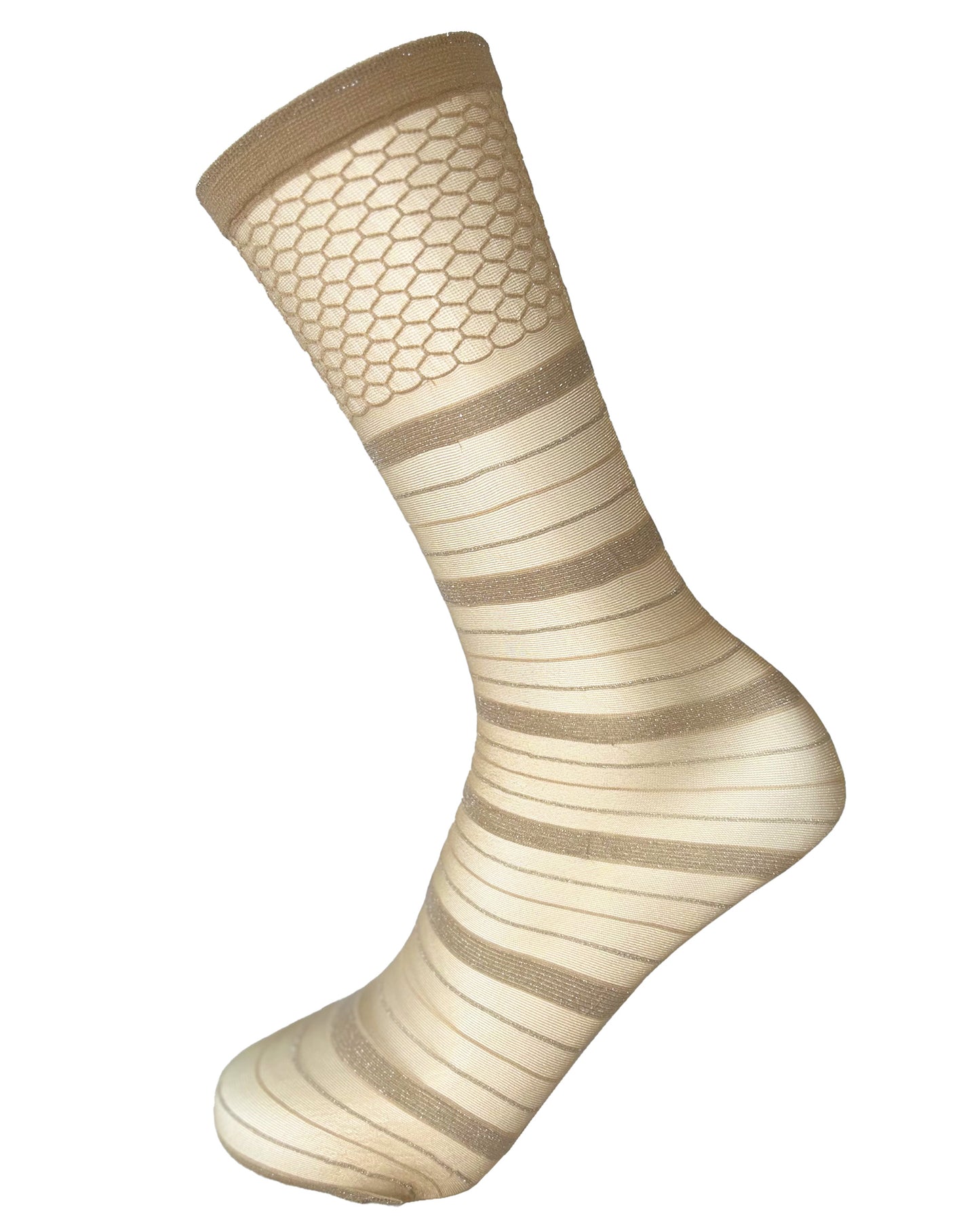 SiSi Lines Calzino - Sheer nude fashion ankle socks with a horizontal striped pattern with sparkly silver lamé and deep honeycomb patterned cuff.