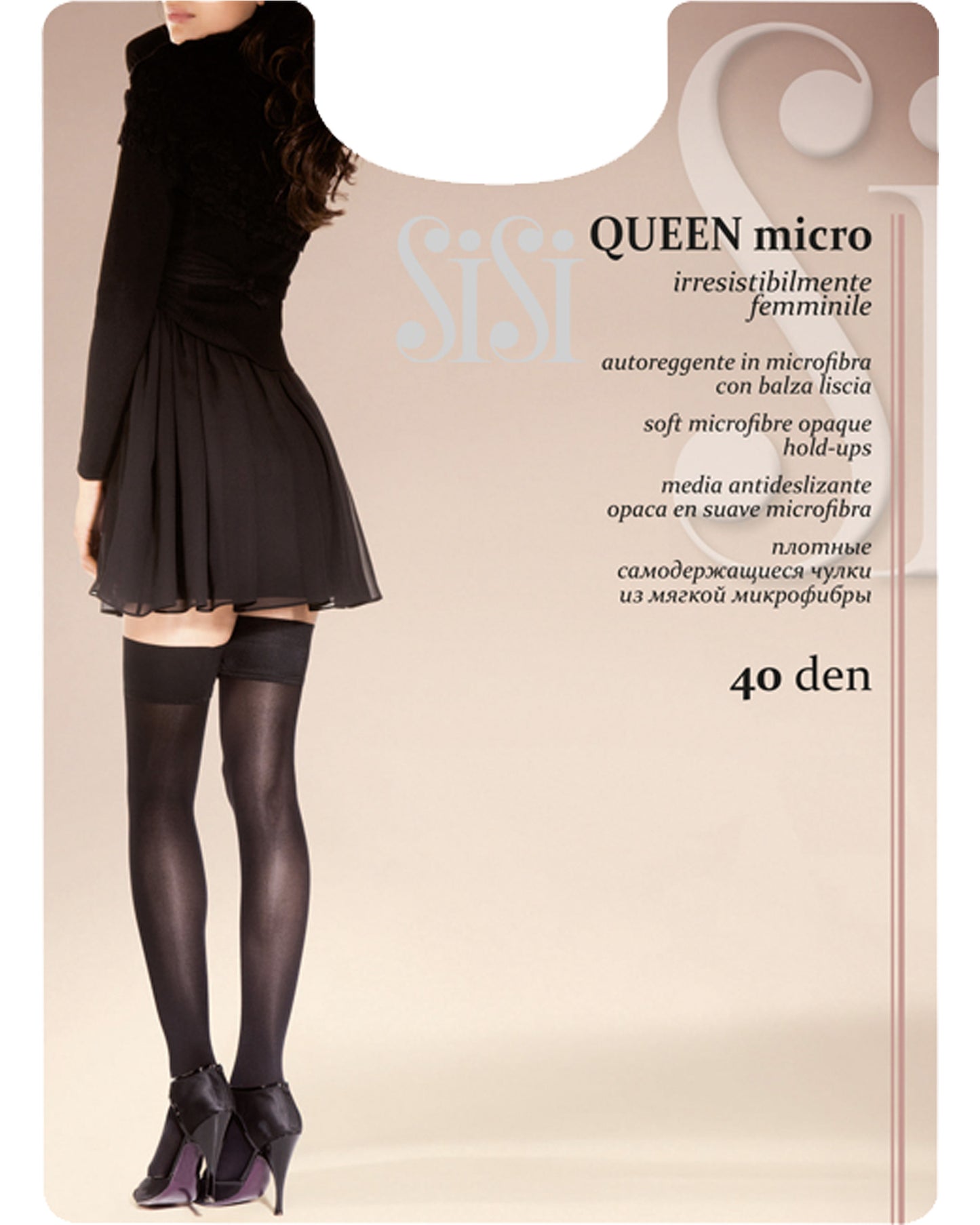 SiSi Queen 40 Micro Autoreggente - Black opaque hold-ups with a plain top, worn with black dress and black heels, pack.