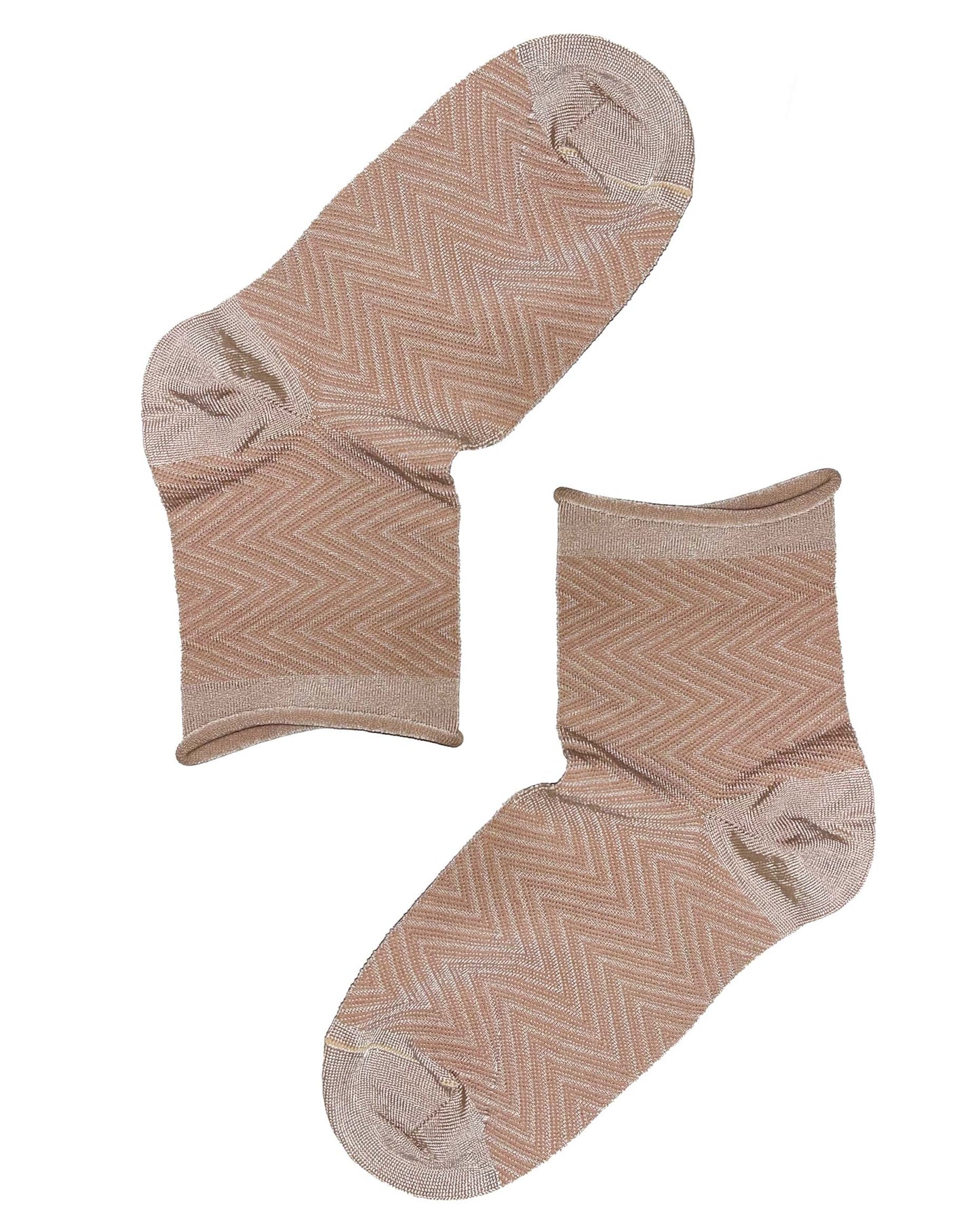 SiSi Spinato Calzino - Nude and beige fashion viscose sock with contrasting zig-zag herringbone style pattern, shaped heel and flat toe seam and a raw cut roll top comfort edged cuff.
