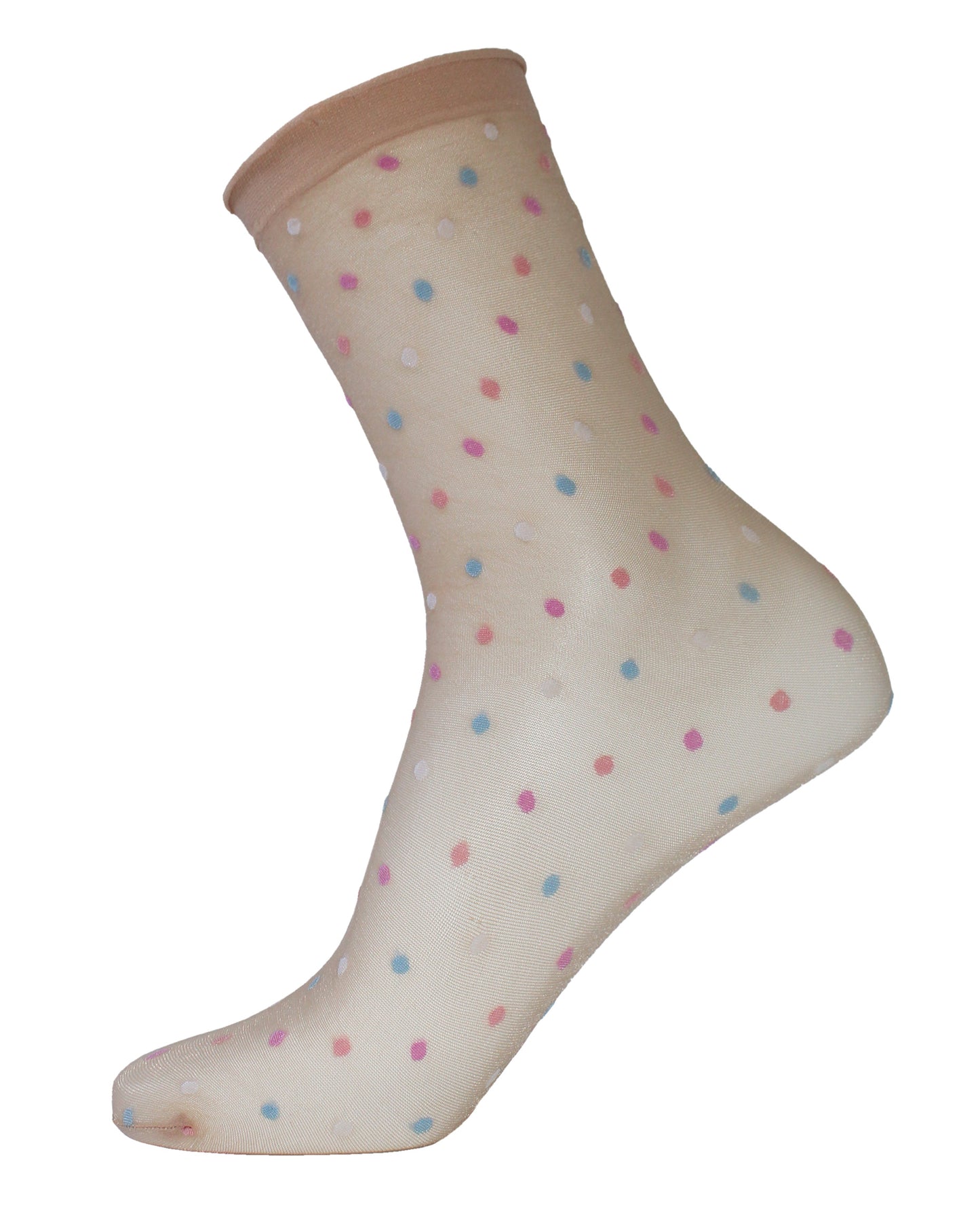 SiSi Multicolor Dot Calzino - Sheer nude fashion ankle socks with a colourful spot pattern in pink, blue, peach and white and plain cuff.