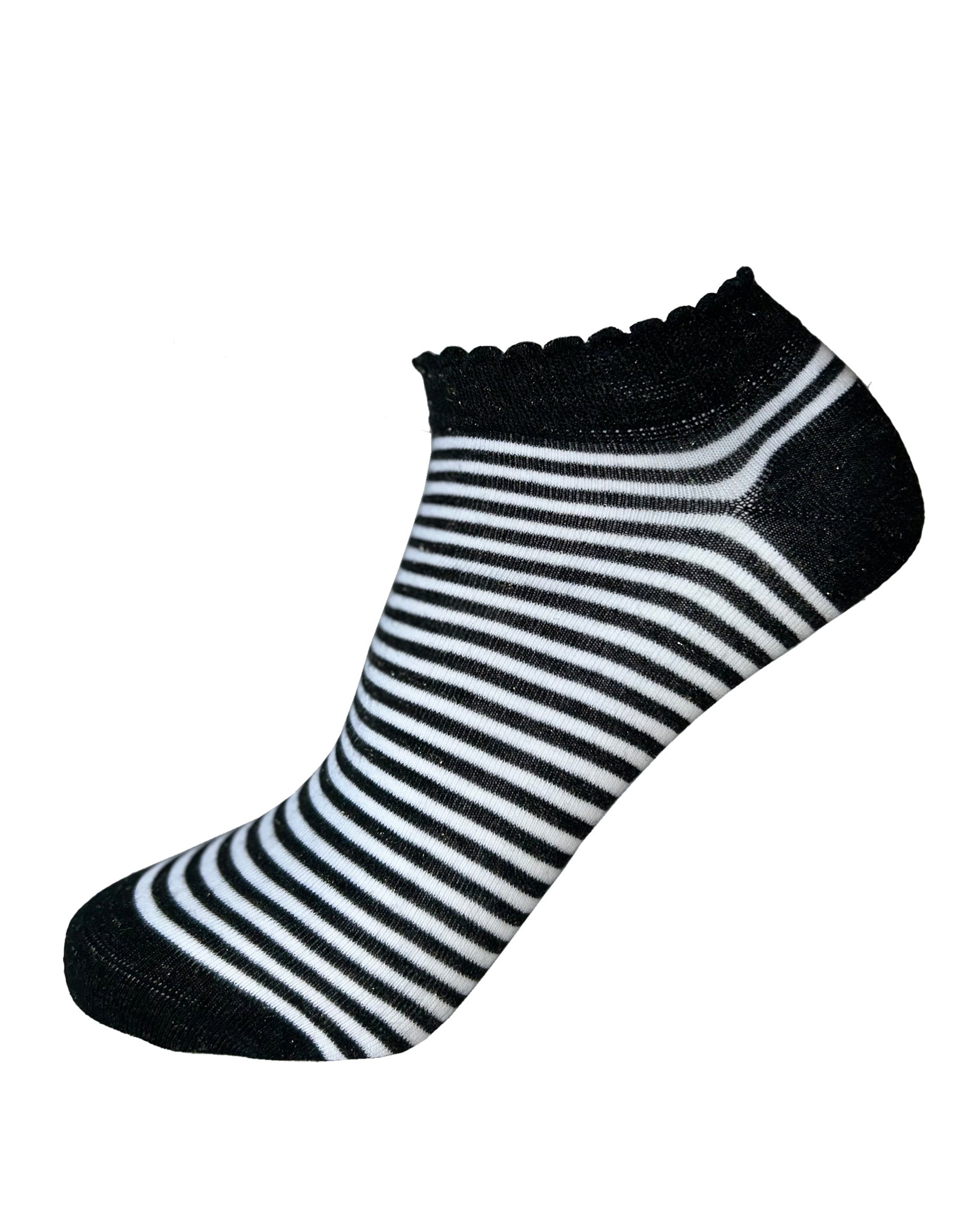 SiSi Sailor Calzino - Soft low ankle viscose and gold lurex socks with a white and black horizontal stripe pattern, shaped heal, flat toe seam and scalloped edge cuff.
