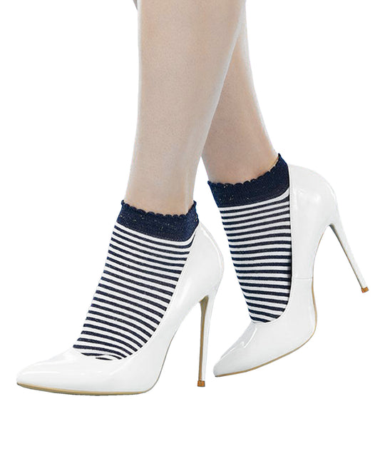 SiSi Sailor Calzino - Soft low ankle viscose and gold lurex socks with a white and navy horizontal stripe pattern and scalloped edge cuff. Worn with white high heel stilettos.