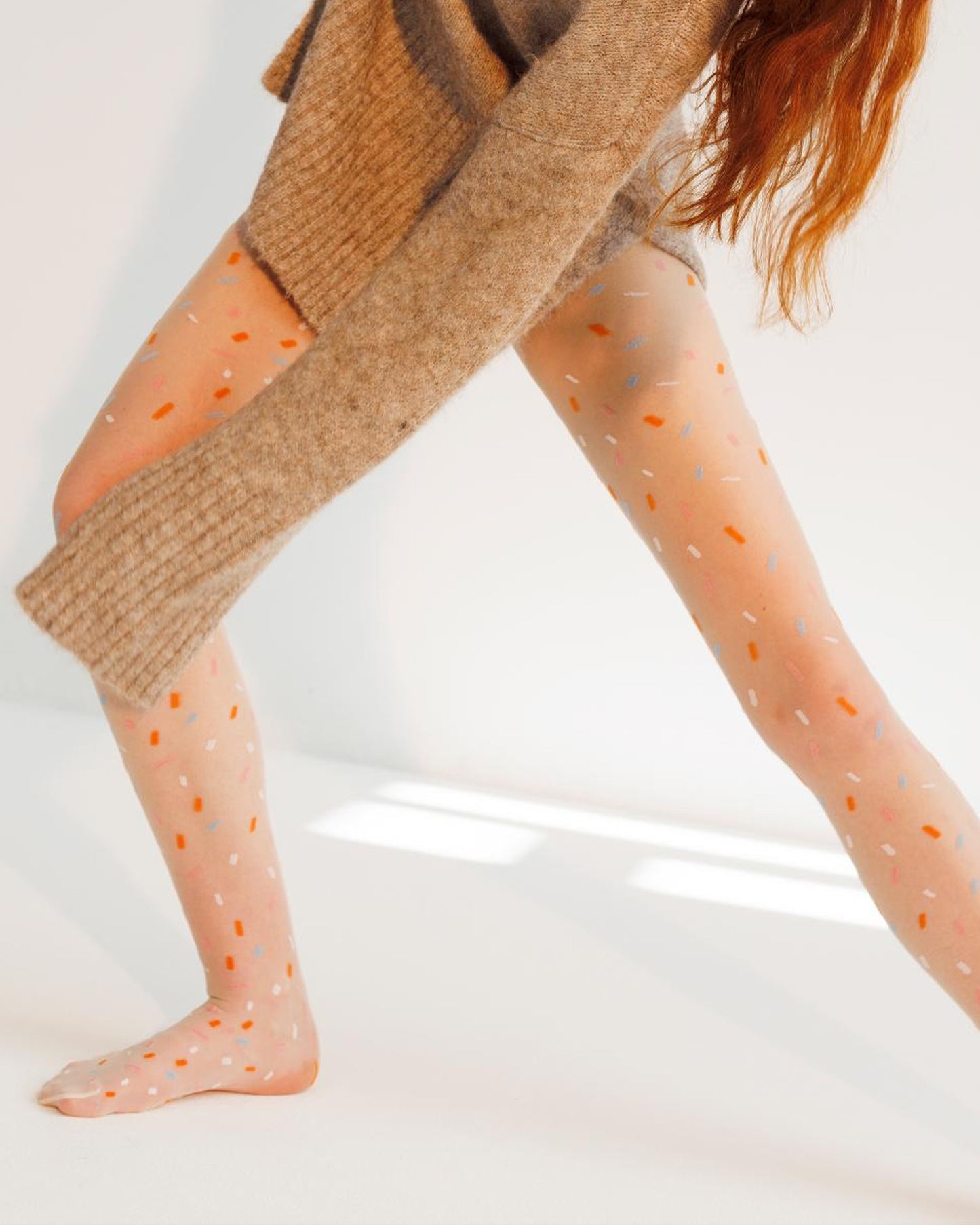 Sneaky Fox Digo Tights - Sheer light nude micro mesh fashion tights with a woven colourful sprinkle style pattern in white, orange light blue and pink with cotton gusset, flat seams, deep comfort waistband.