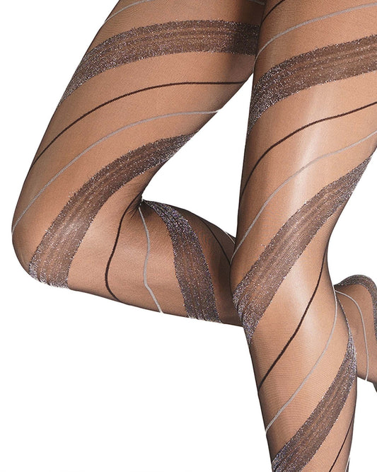 Close-up of a person's legs wearing sheer striped tights with alternating black and silver diagonal bands on a white background.