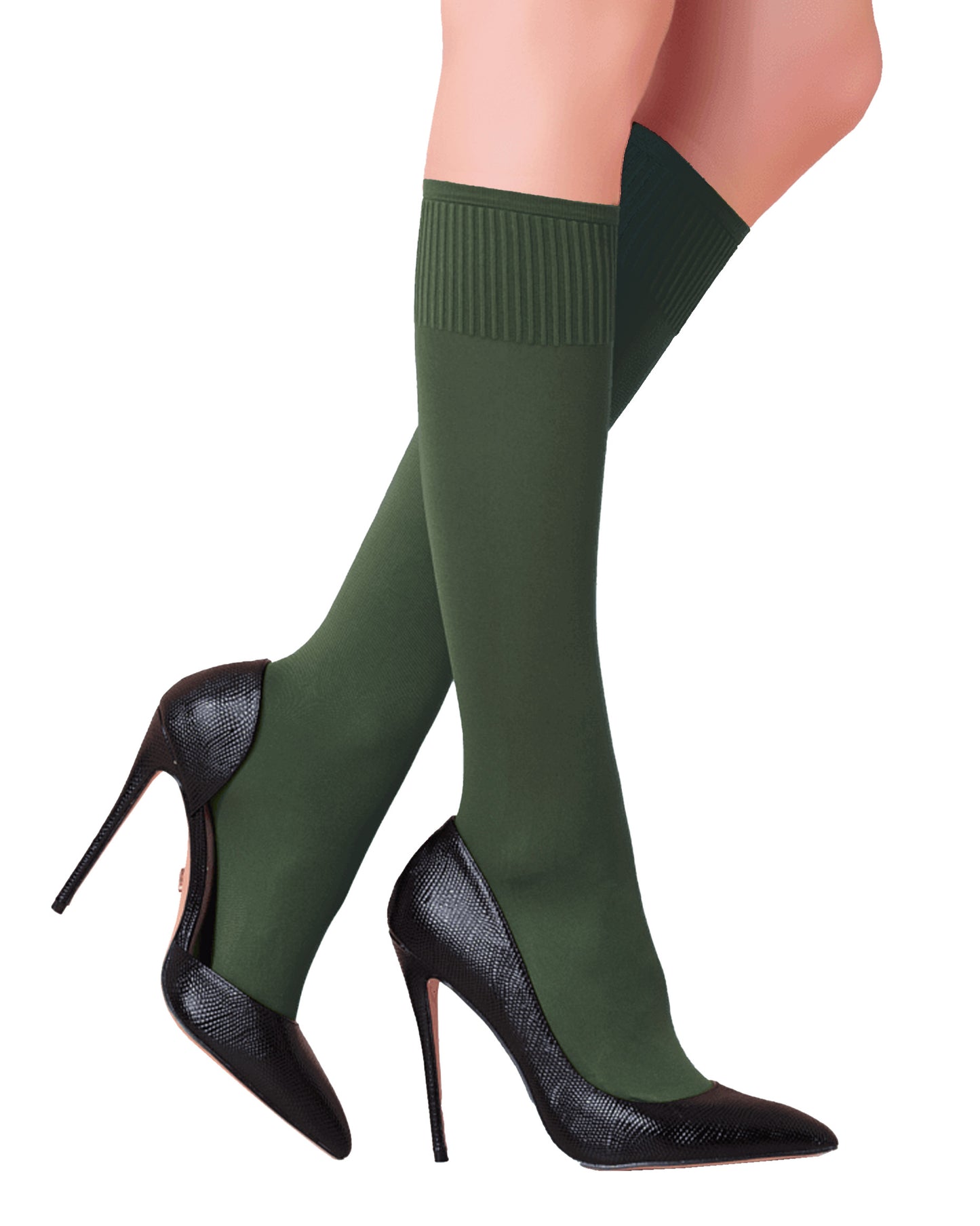 Trasparenze Cinzia Gambaletto - Military khaki green matte opaque knee-high socks with deep comfort cuffs.
