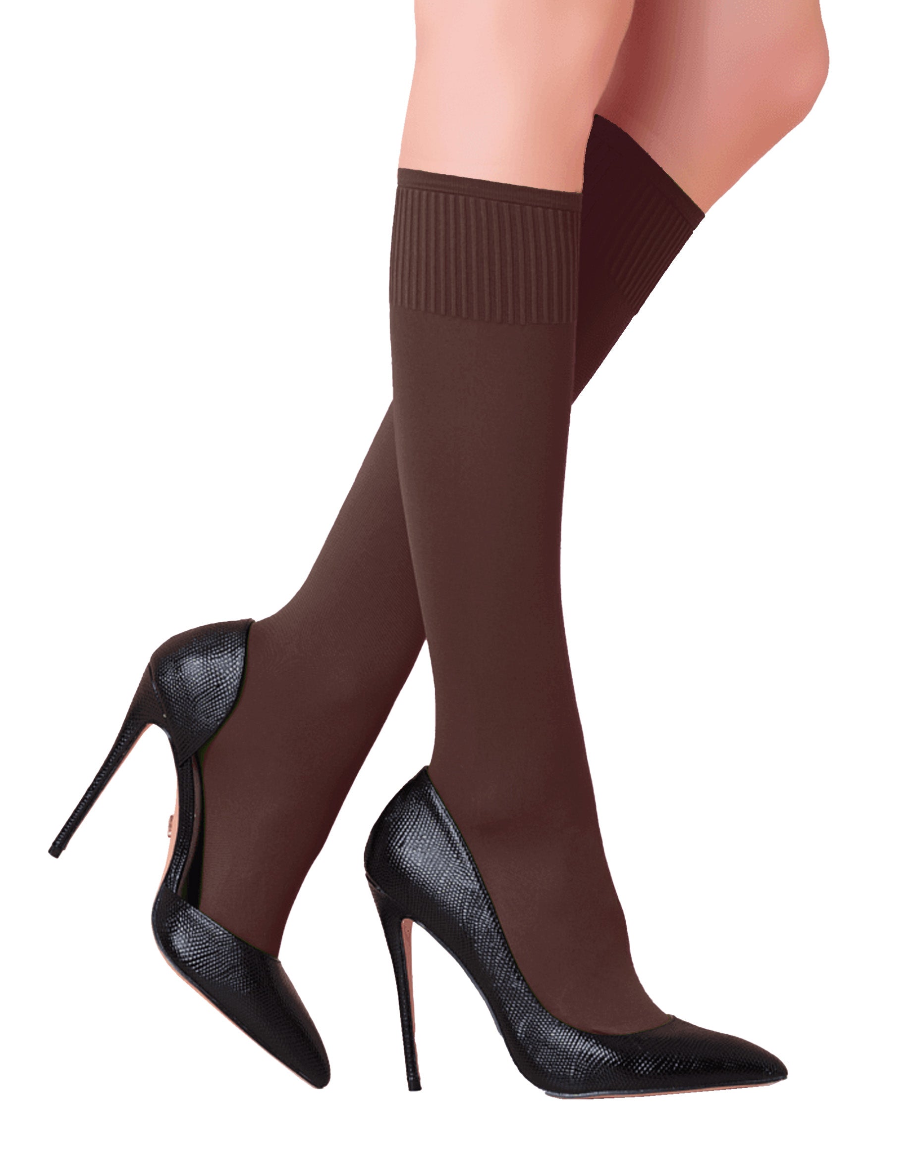 Trasparenze Cinzia Gambaletto - Nutella chocolate brown matte opaque knee-high socks with deep comfort cuffs.