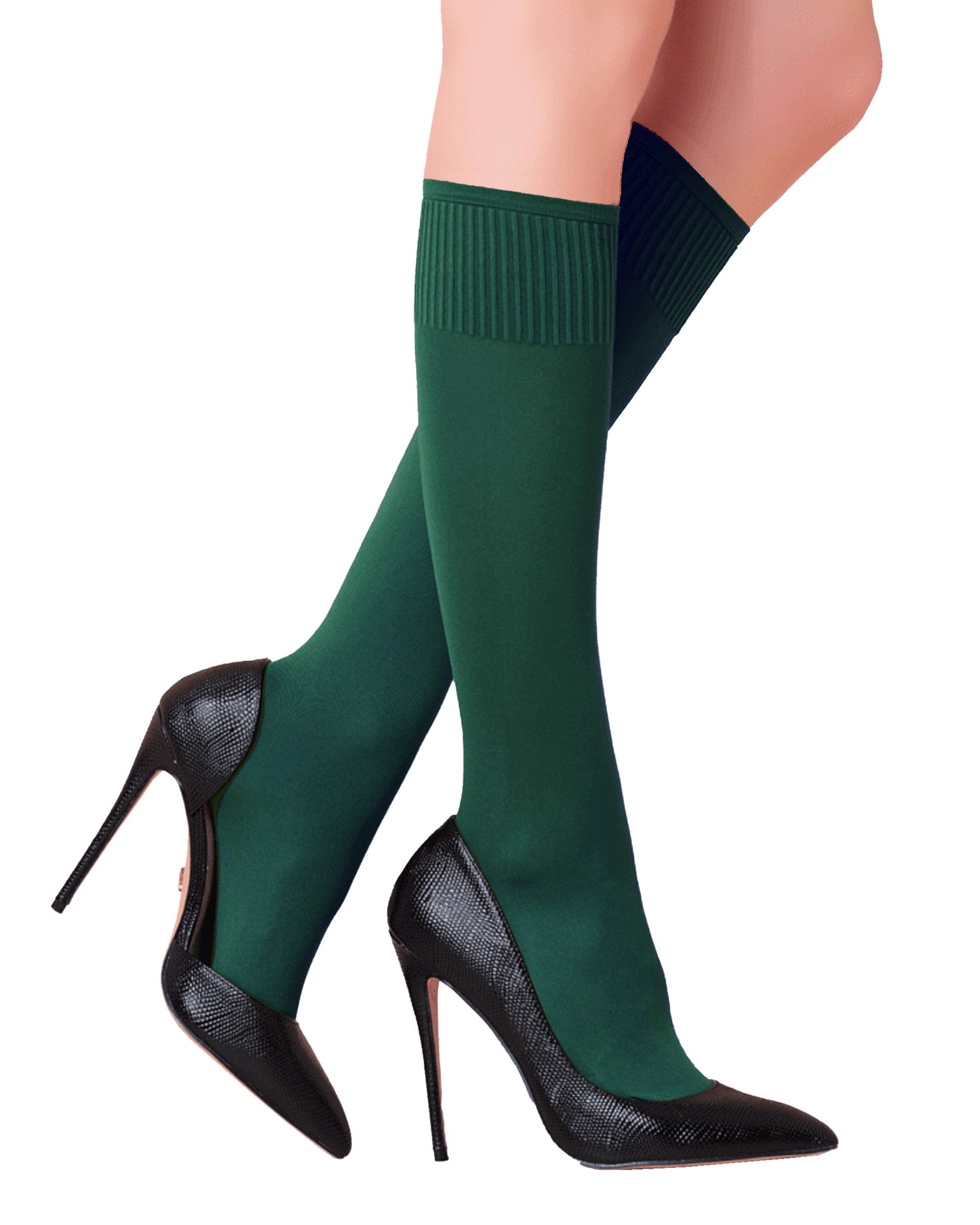 Trasparenze Cinzia Gambaletto - Dark bottle green (petrolio) matte opaque knee-high socks with deep comfort cuffs.