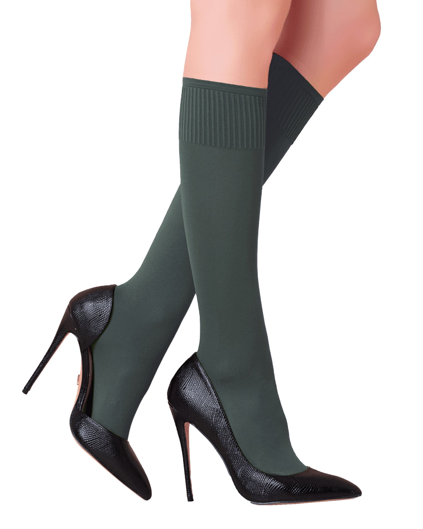 Trasparenze Cinzia Gambaletto - Faded teal green (pino) matte opaque knee-high socks with deep comfort cuffs.