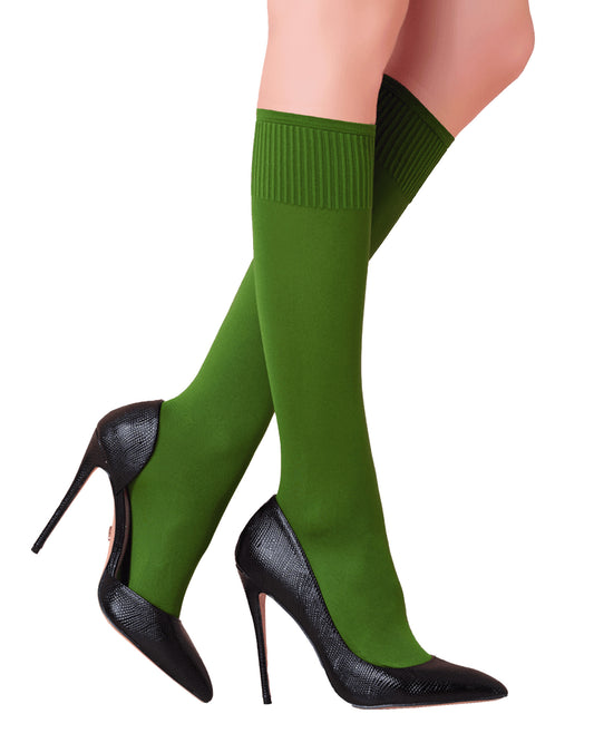 Trasparenze Cinzia Gambaletto - Olive green matte opaque knee-high socks with deep comfort cuffs.