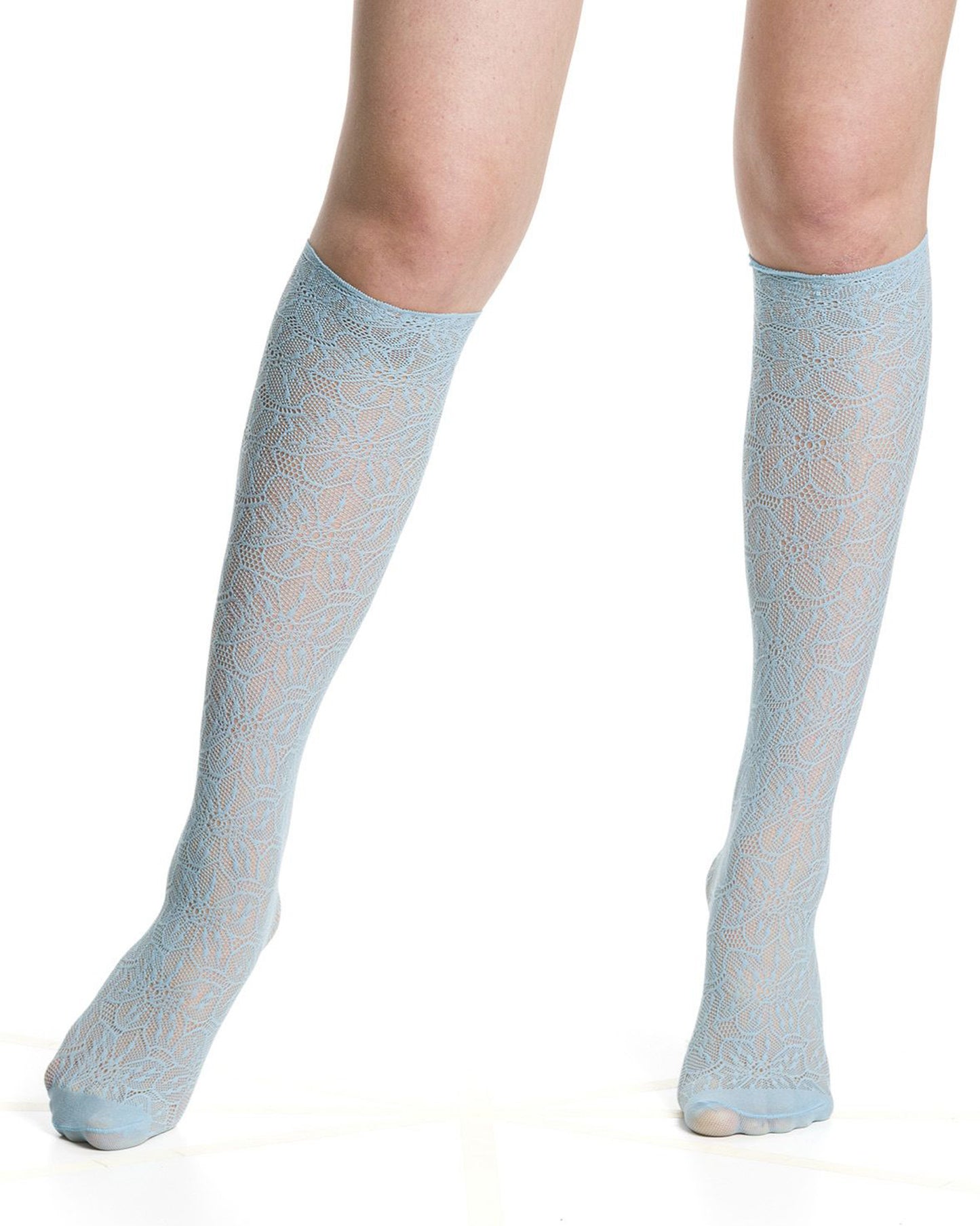 Trasparenze Compass Rose Gambaletto - Light blue openwork floral lace patterned fashion fishnet knee-high socks with a reinforced micro mesh toe.
