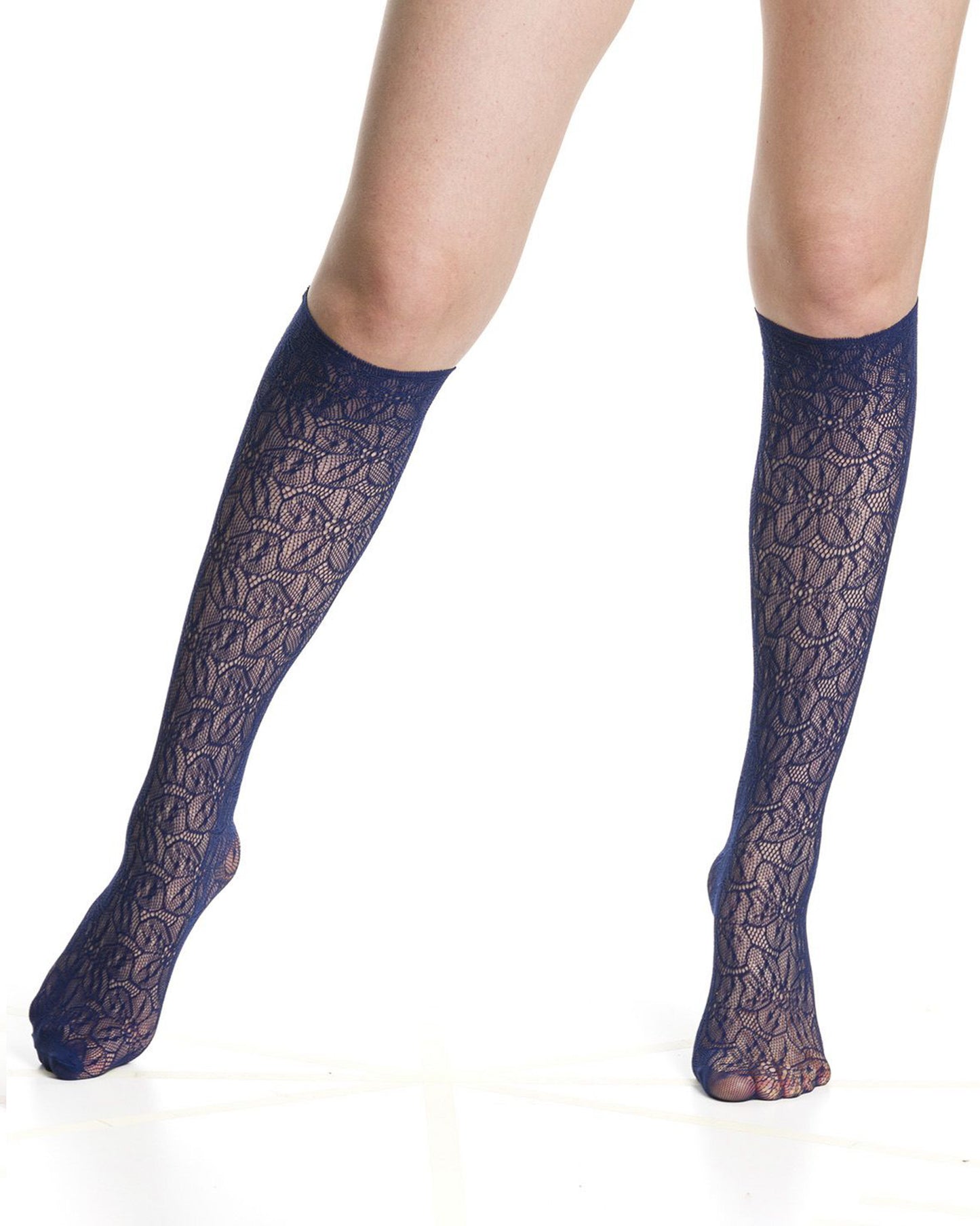 Trasparenze Compass Rose Gambaletto - Navy blue openwork floral lace patterned fashion fishnet knee-high socks with a reinforced micro mesh toe.