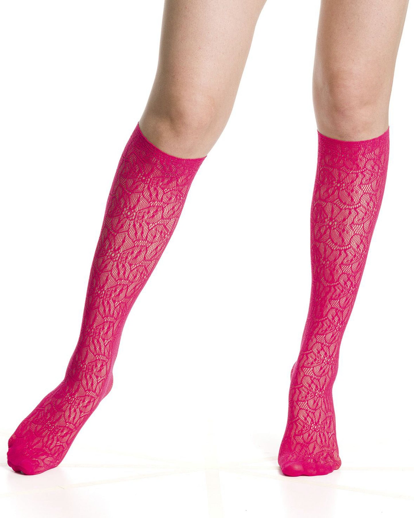 Trasparenze Compass Rose Gambaletto - Bright coral pink openwork floral lace patterned fashion fishnet knee-high socks with a reinforced micro mesh toe.