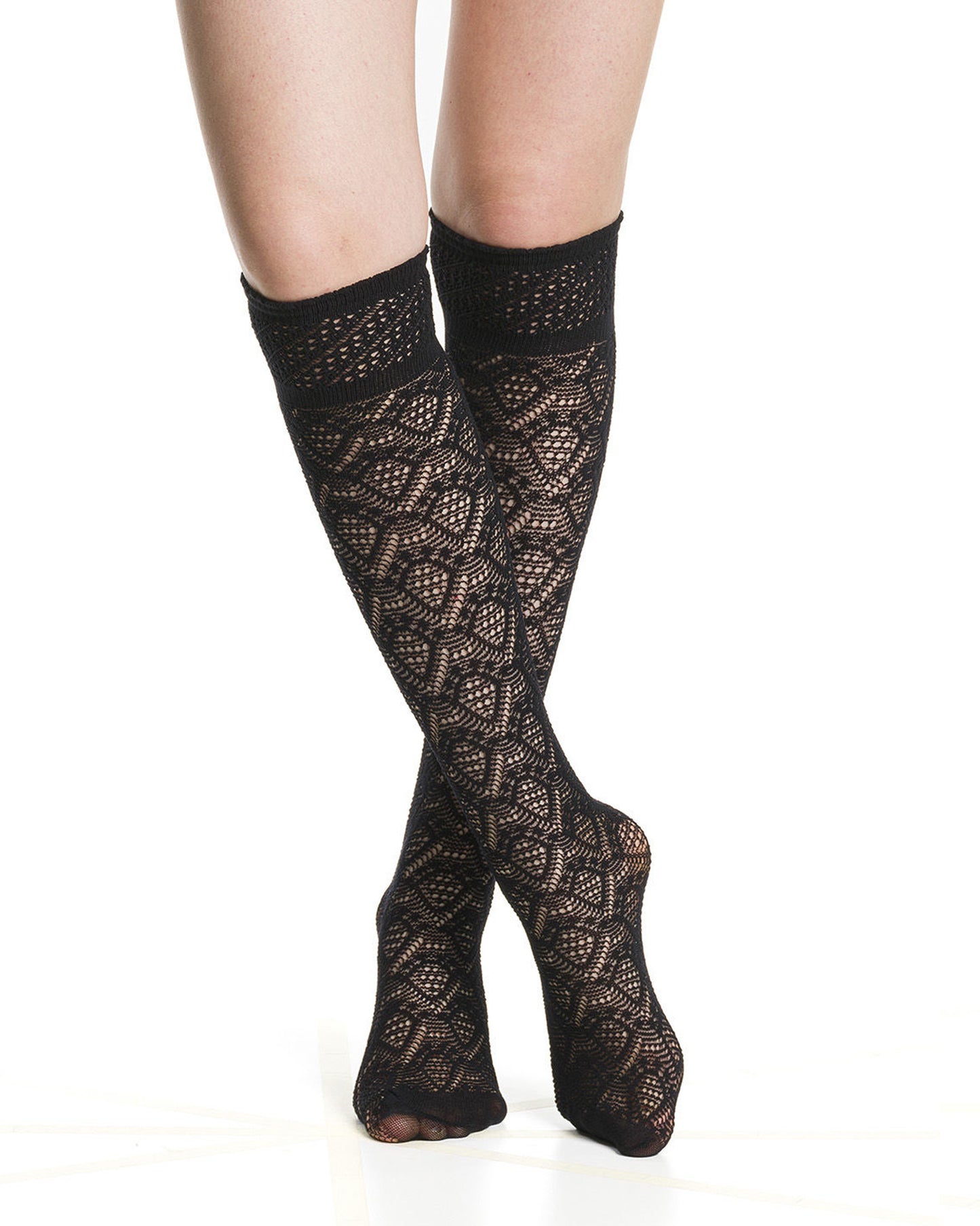Black coloured crochet lace net style fashion knee-high socks