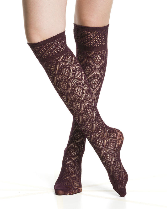 Wine coloured crochet lace net style fashion knee-high socks