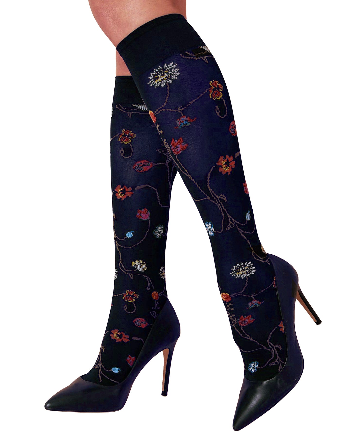 Trasparenze Platino Gambaletto - Navy blue soft opaque fashion knee-high socks with a multicoloured woven flower pattern.