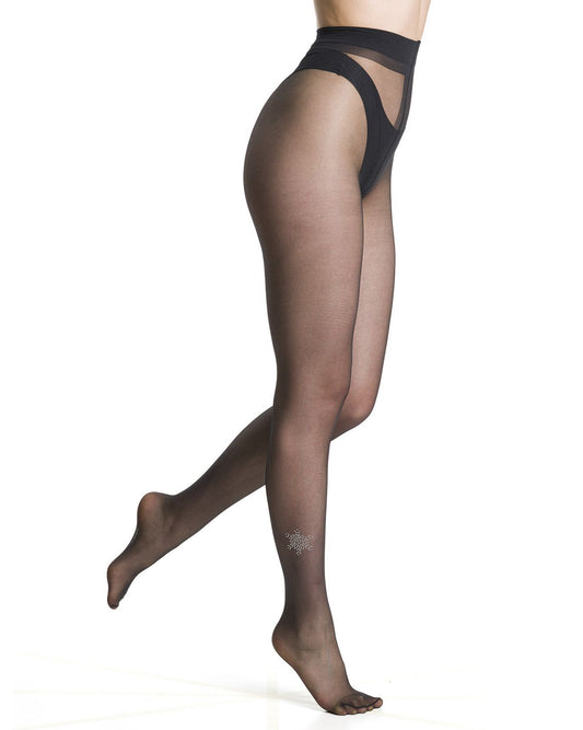 Sheer black fashion tights with a sparkly snowflake rhinestone motif on the ankle