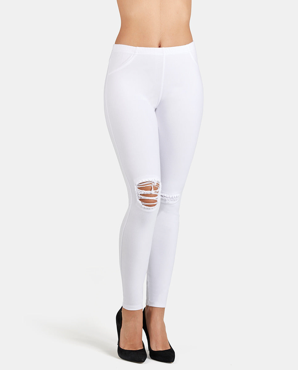 Ysabel Mora - 70213 Ripped Distressed Jeans - white denim stretch cotton jeans/jeggings, available in sizes S,M, L and XL