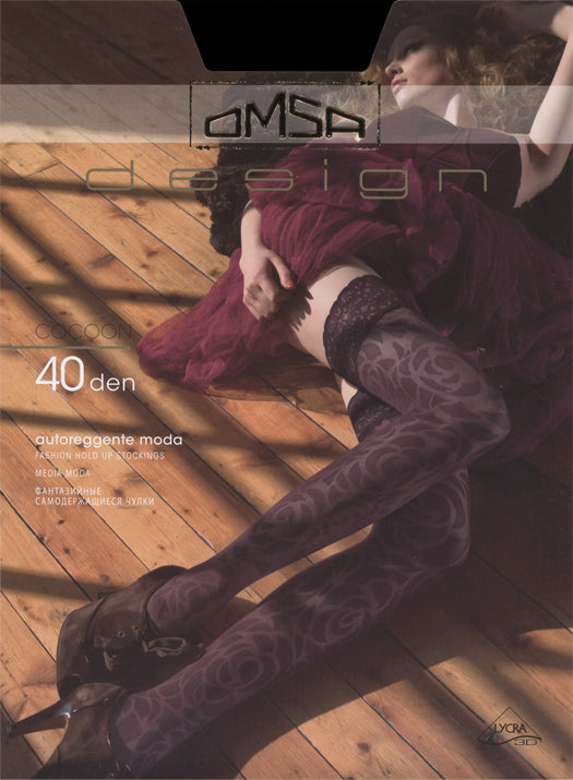 Omsa Cocoon Autoregennte - Semi opaque fashion hold-ups with an abstract rose style pattern, luxury floral lace top with 2 stripes of silicone.