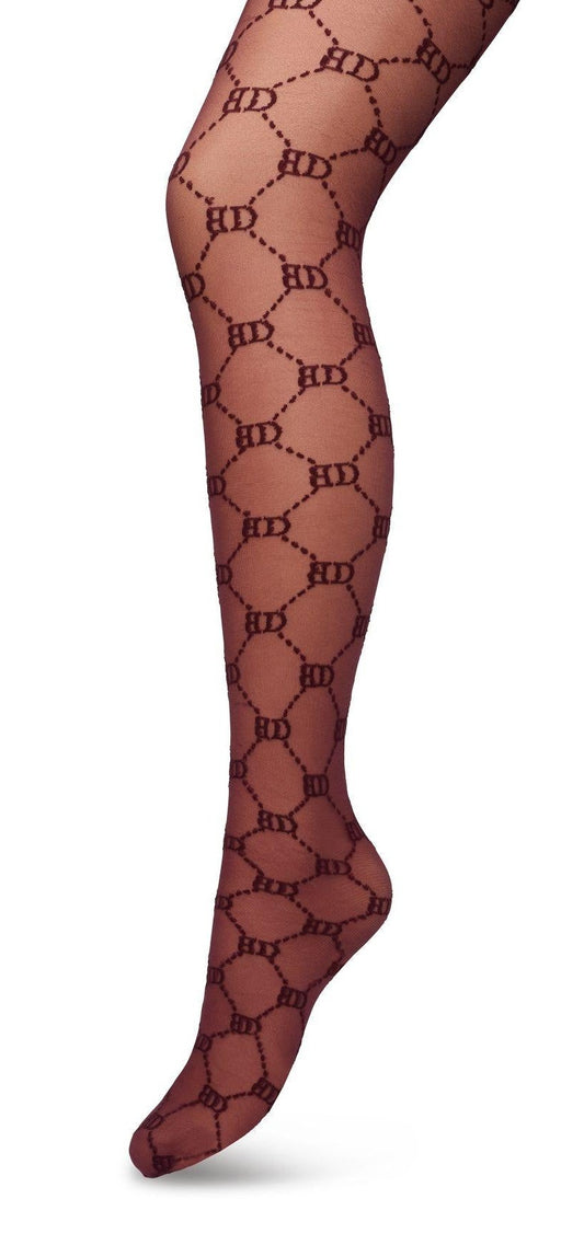 BP221901 Logo Tights - Sheer wine Gucci inspired fashion tights with a woven dotted diamond style pattern with BD for Bonnie Doon