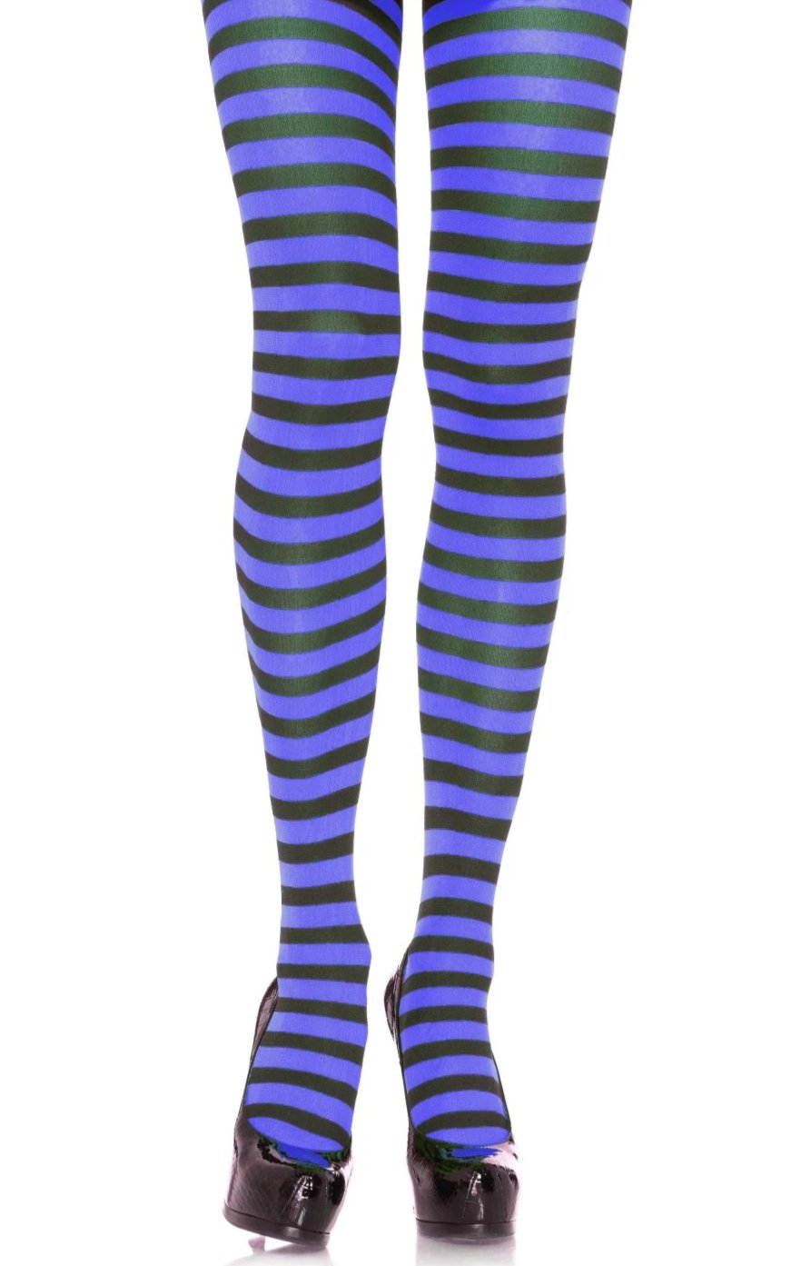 Leg Avenue 7100 Nylon Stripe Tights - blue and black horizontal striped pantyhose
