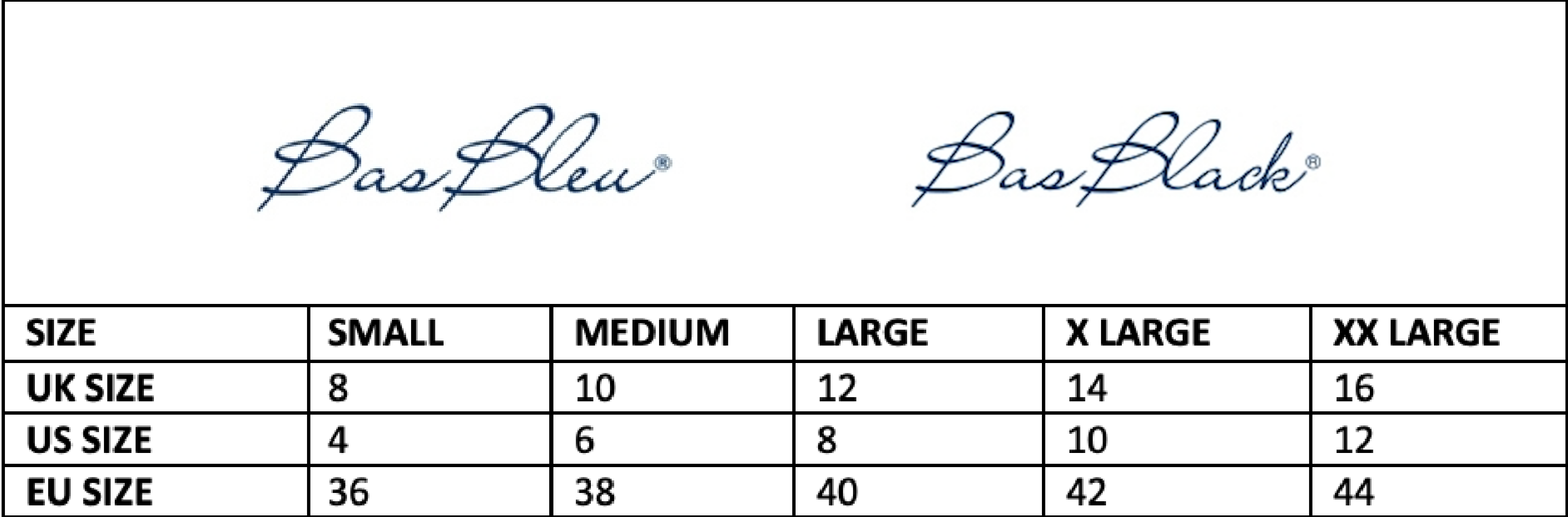 BasBlack - Size Chart
