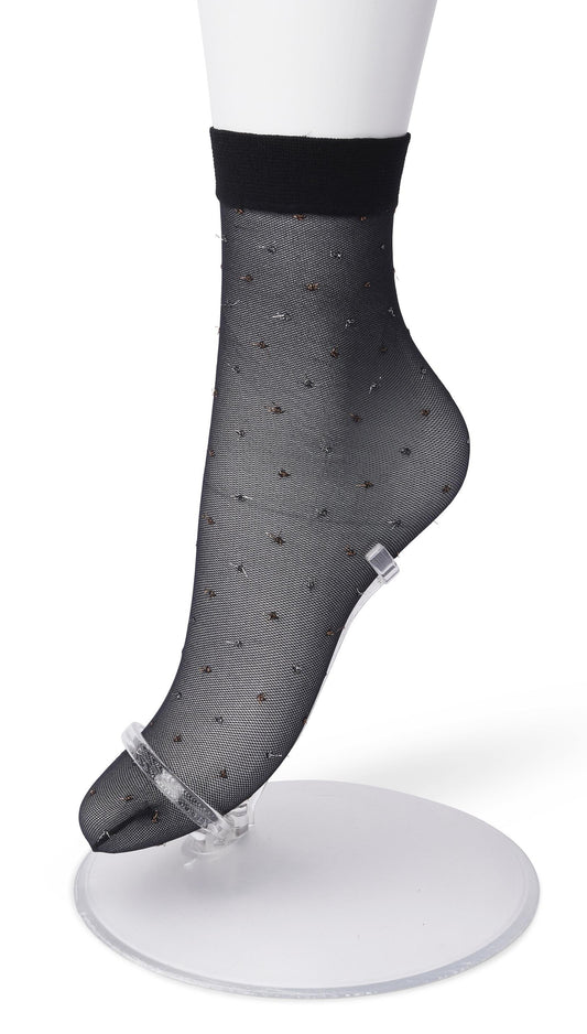 Bonnie Doon BP211115 Lurex Party Sock - Black micro tulle effect fashion ankle socks with a woven metallic gold and silver spot pattern.