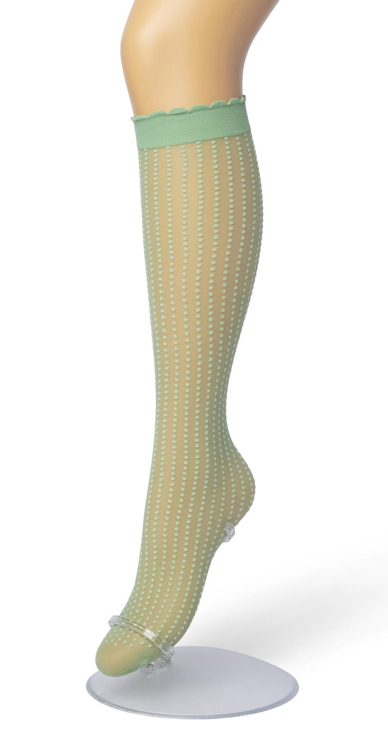 Bonnie Doon Batik Dots - Pale sage green sheer fashion knee-high socks with a dotted vertical stripe pattern, deep comfort cuff with scalloped edge.