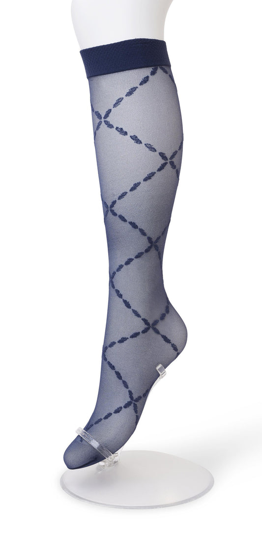 Bonnie Doon BP211504 Lozenge Knee-Highs Black Iris - Navy sheer fashion knee-high socks with a woven criss-cross chain style diamond pattern and plain comfort cuff.