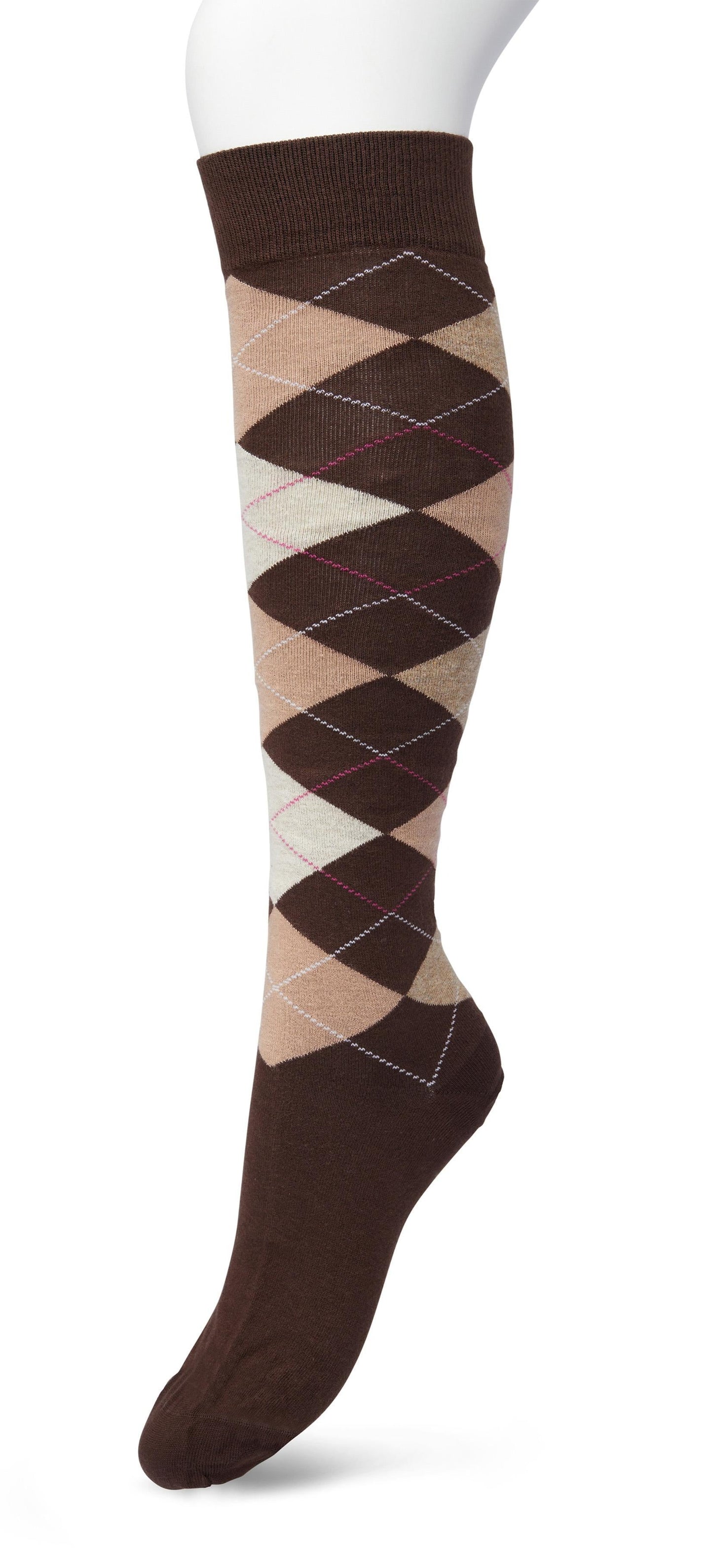Bonnie Doon BP211505 Argyle Knee-highs - Golf style knee-high socks with a diamond argyle tartan check pattern in light beige, brown, cream oat and pink.