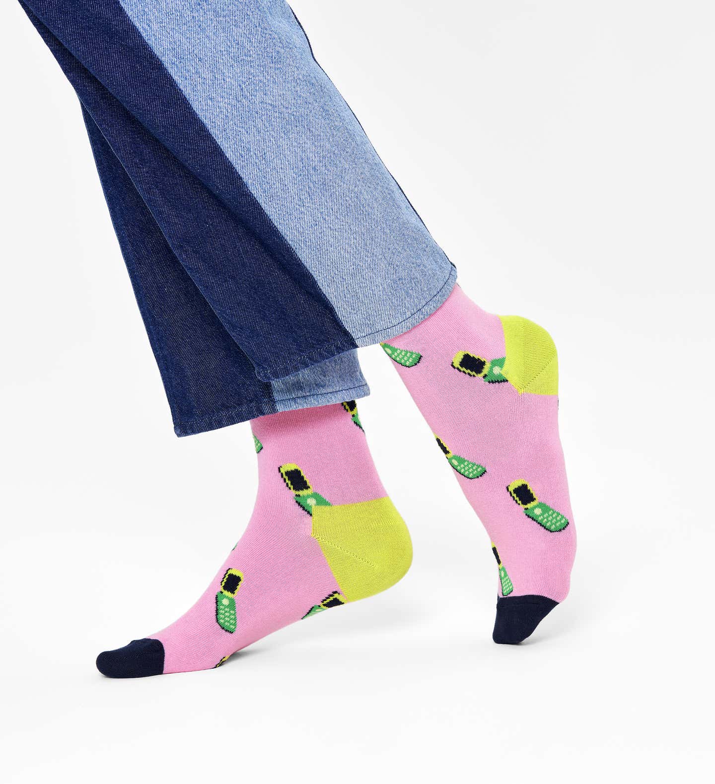 Happy Socks CMM01-3300 Call Me Maybe Sock - Light pink cotton socks with a flip phone style pattern in shades of green and black, bright lime green heel and black toe.