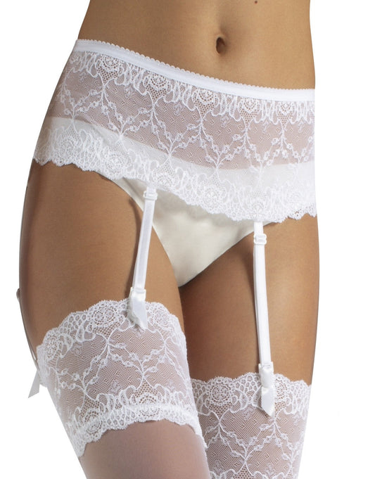 Calzitaly Lace Suspender Belt - Sheer white lace garter belt with a deep band of lace, hook and eye closure and 4 adjustable straps with clasps.