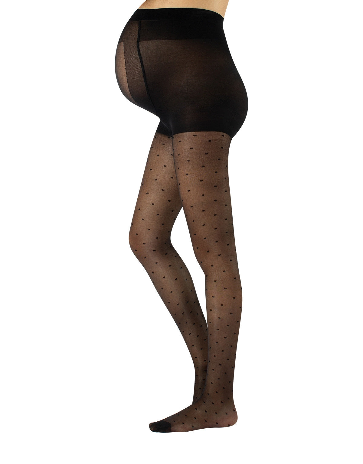 Calzitaly Maternity Spot Tights - Sheer black maternity tights with a light polka dot pattern and long opaque panelled top to snugly fit over bump flat seams, cotton gusset and reinforced toe.