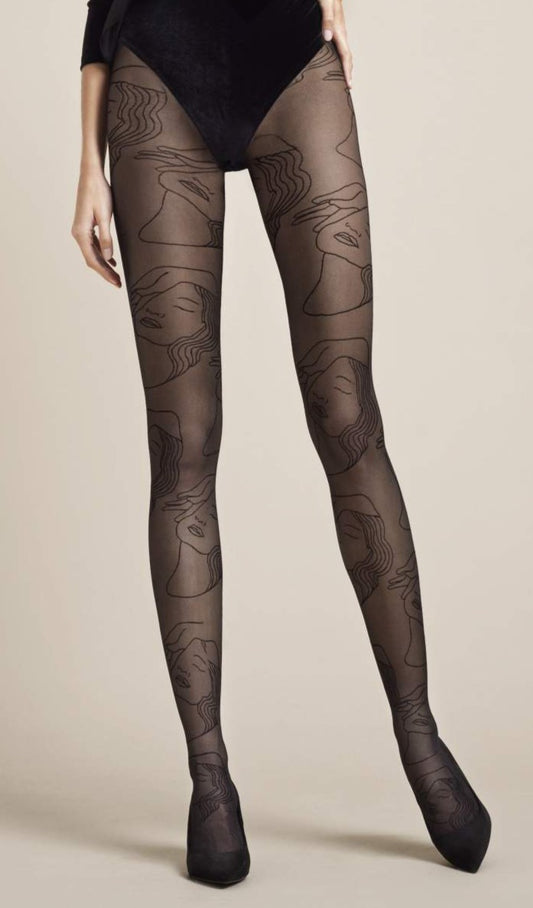 Fiore Simonetta Tights - Sheer black micro mesh style fashion tights with a woven linear illustrated style face pattern with wavy hair and hands.