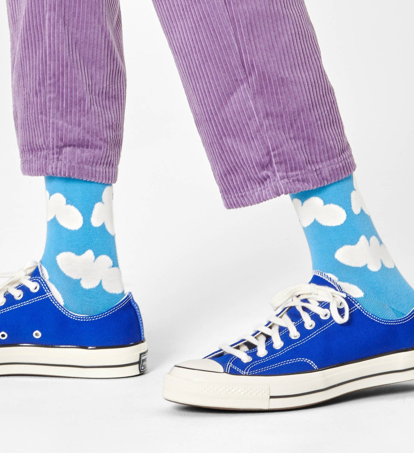 Happy Sock CLO01-6700 Cloudy Sock - Sky blue cotton crew length ankle socks with off white fluffy cumulus clouds pattern. Available in men and women's sizes.