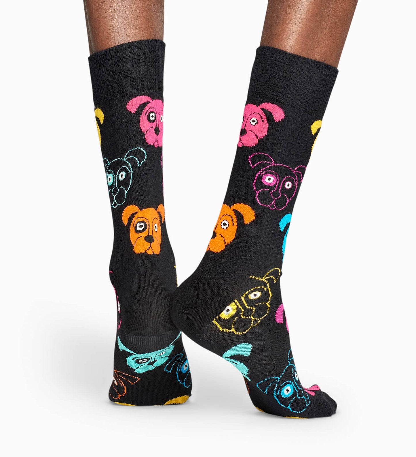 Happy Socks DOG01-9001 Dog Sock - Black cotton socks with multicoloured cartoon dog faces pattern. Available in men and women's sizes.