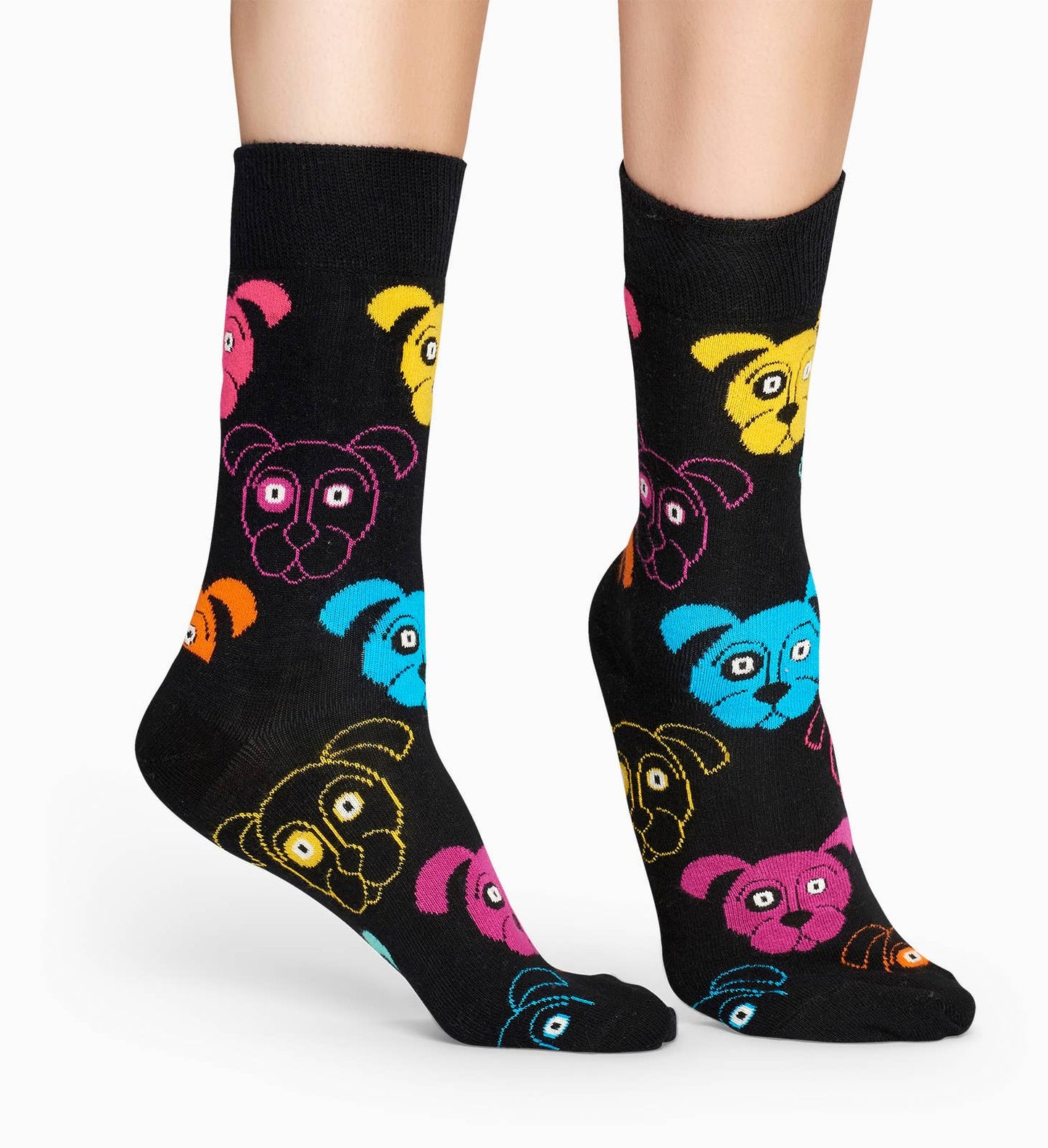 Happy Socks DOG01-9001 Dog Sock - Black cotton socks with multicoloured cartoon dog faces pattern. Available in men and women's sizes.