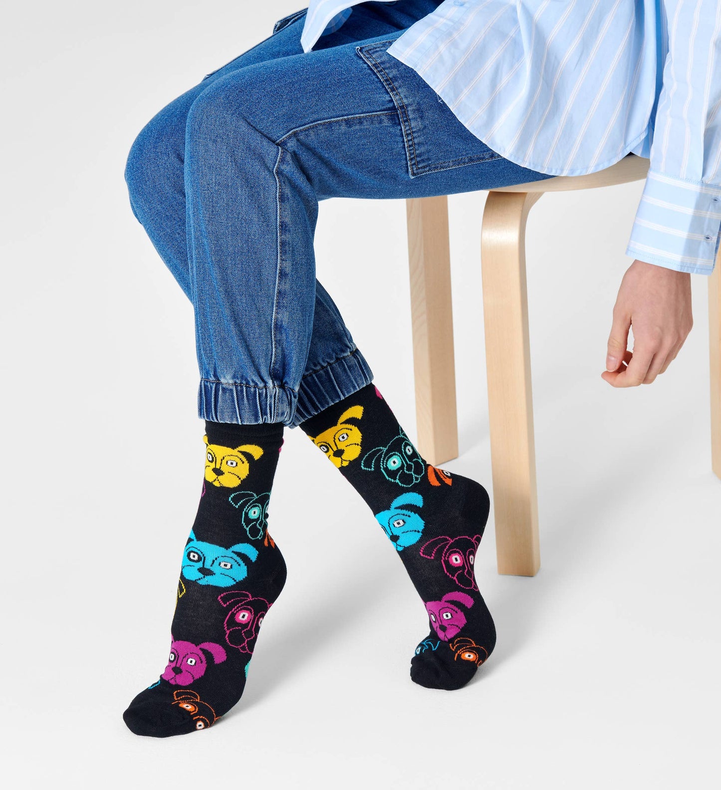 Happy Socks DOG01-9001 Dog Sock - Black cotton socks with multicoloured cartoon dog faces pattern. Available in men and women's sizes.