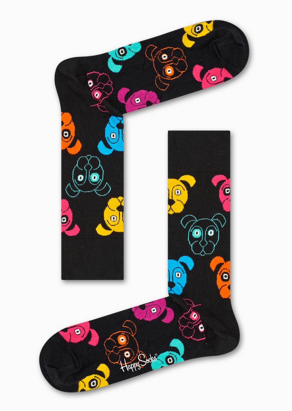 Happy Socks DOG01-9001 Dog Sock - Black cotton socks with multicoloured cartoon dog faces pattern. Available in men and women's sizes.